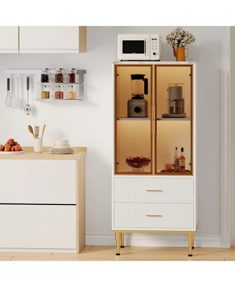 gaomon Fluted Storage Cabinet with Glass Door, 2 Drawers, Modern Pantry with Adjustable Shelves for Collectibles, Living Room, Office, White