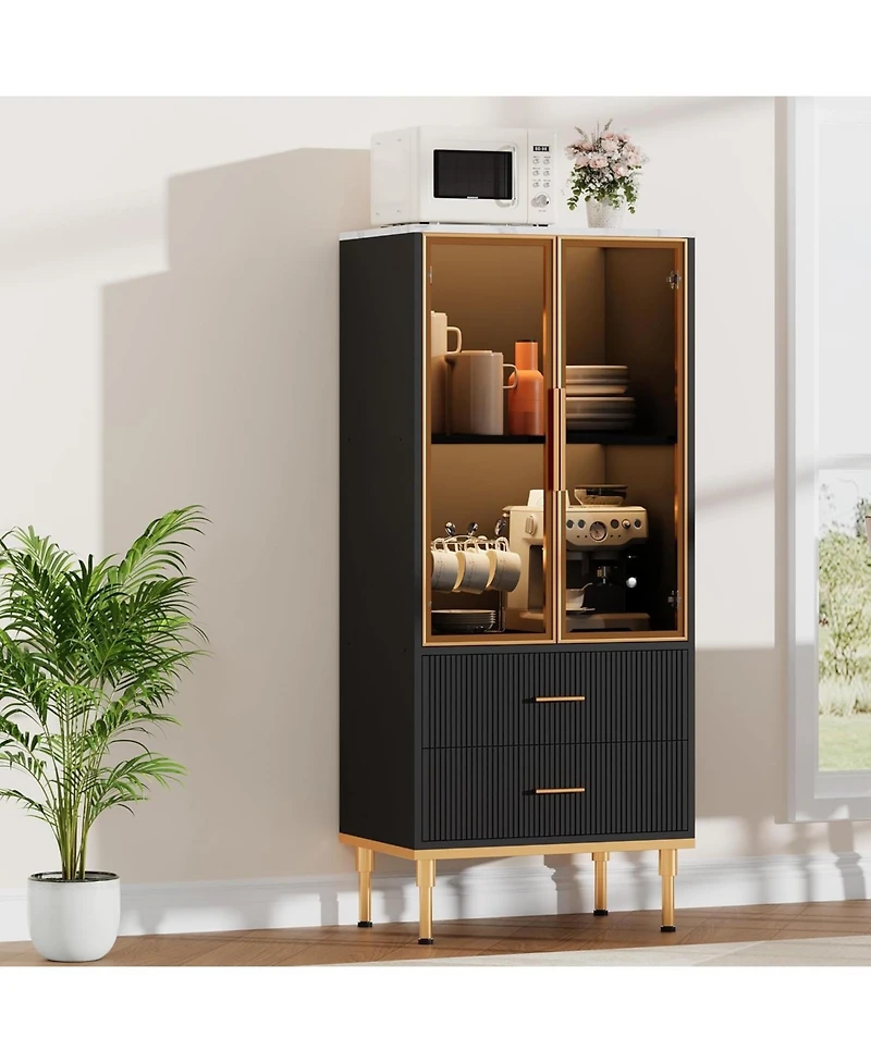 gaomon Fluted Storage Cabinet with Glass Door, 2 Drawers, Modern Pantry with Adjustable Shelves for Collectibles, Living Room, Office, Black
