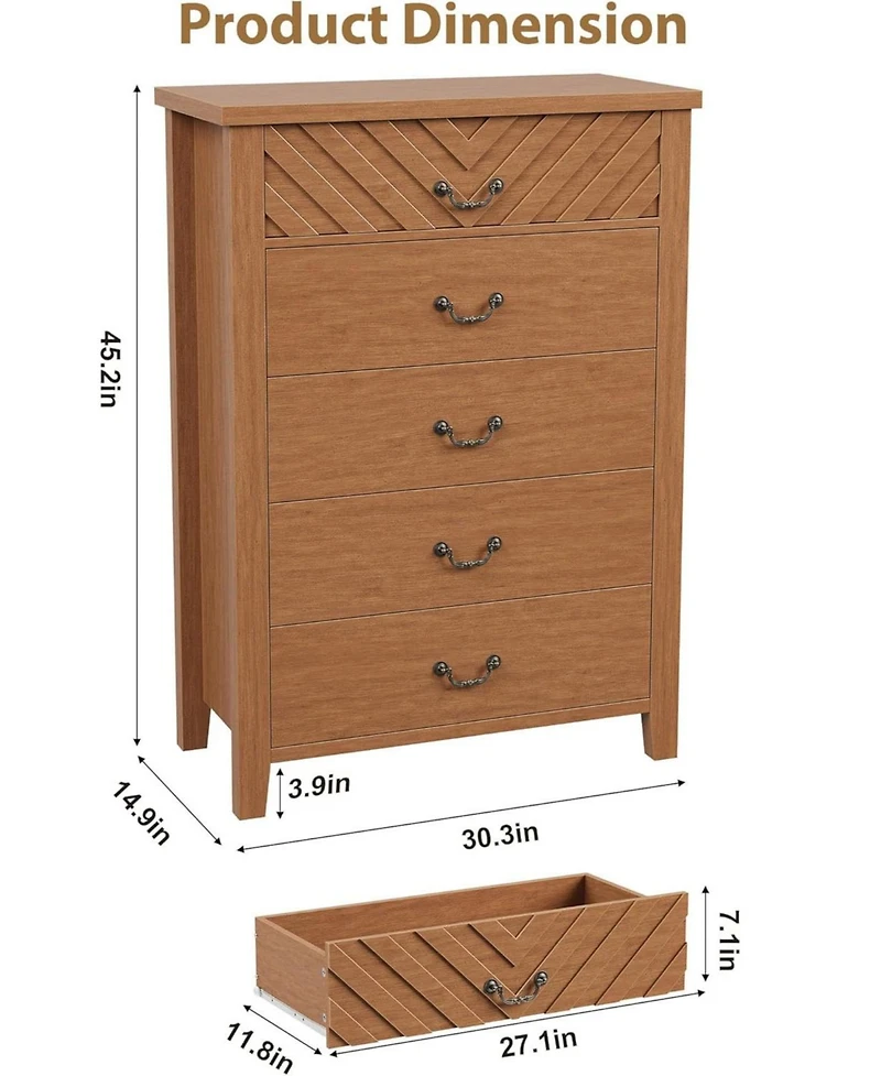 gaomon 5-Drawer Brown Wooden Dresser, Elegant V Shape Nightstand, Storage for Living Room, Nursery, Entryway, Bedroom