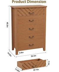 gaomon 5-Drawer Brown Wooden Dresser, Elegant V Shape Nightstand, Storage for Living Room, Nursery, Entryway, Bedroom