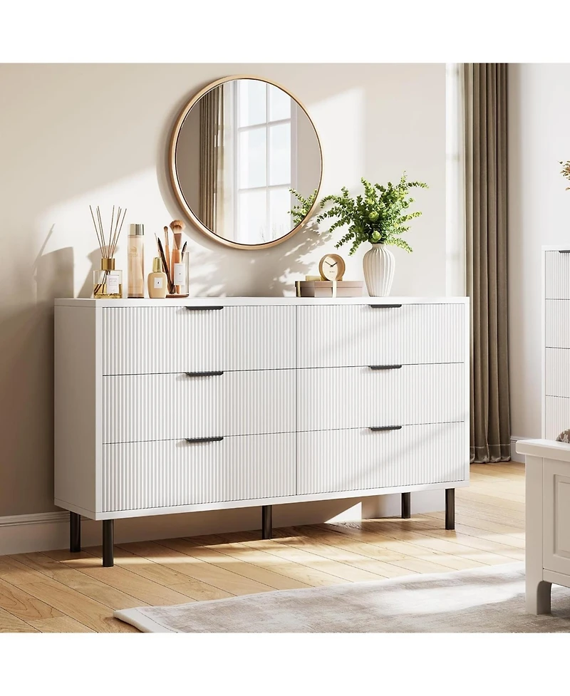 gaomon 6-Drawer White Fluted Engineered Wood Dresser, Metal Legs & Handles, Modern Storage for Bedroom, Living Room
