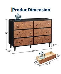 gaomon 6 Drawer Modern Dresser, Space-Saving Narrow Wood Chest with Curved Profile, Vintage Handles, Bedroom, Entryway