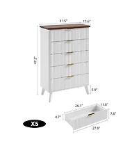 gaomon Fluted Dresser for Bedroom with 5 Deep Drawers, 47in Tall Chest of Drawers with Faux Marble Top, Curved Profile Design, White with Walnut Top