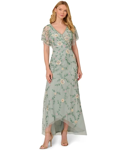 Adrianna Papell Petite V-Neck Beaded Mesh Gown