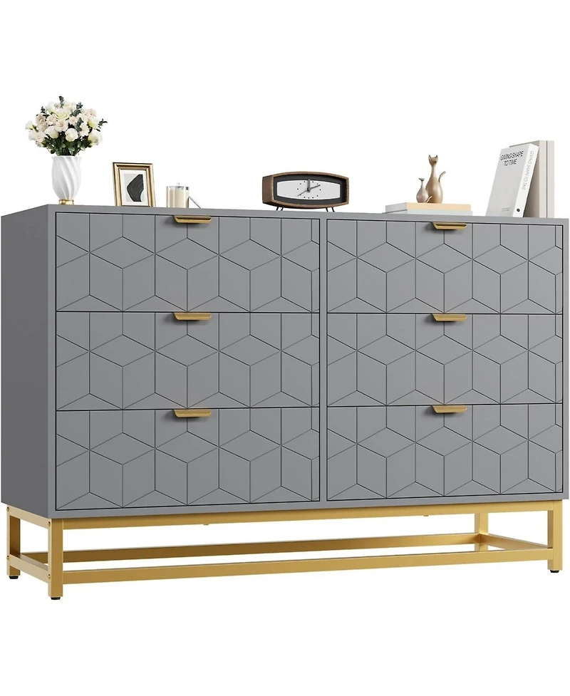 gaomon 47.2 Inch Grey 6-Drawer Modern Dresser, Wide Chest, Gold Metal Legs & Handles, Storage for Bedroom, Living Room, Hallway