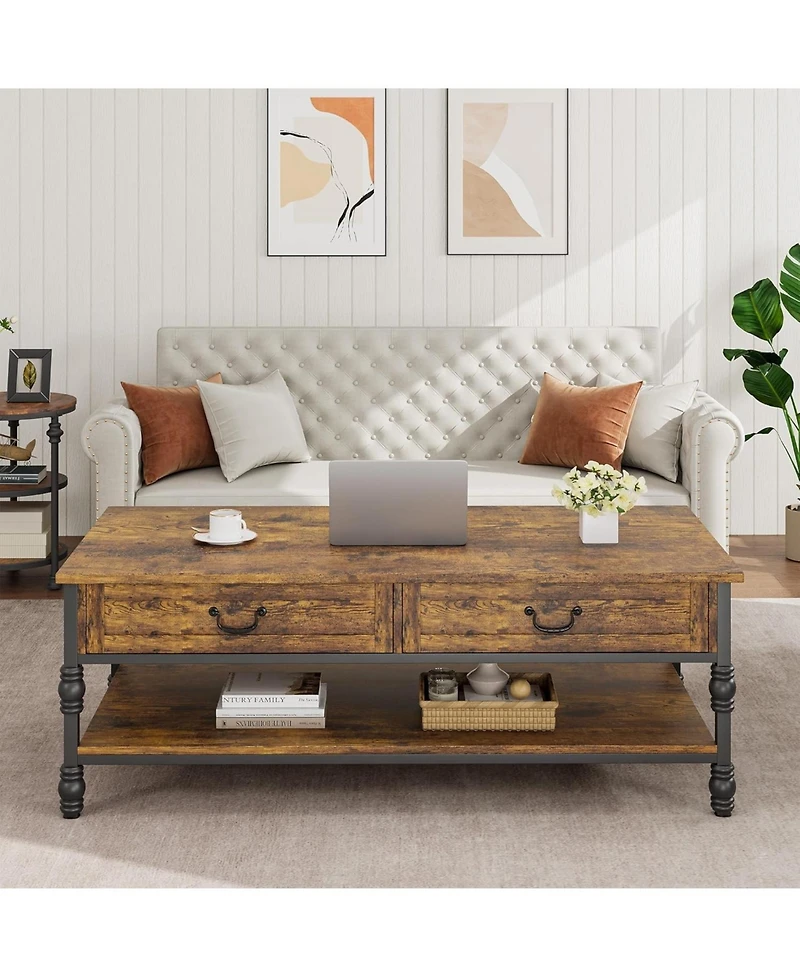 gaomon 41 Inch 2-Drawer Retro Style Wood Coffee Table, Multi-Functional Storage Center Table for Living Room
