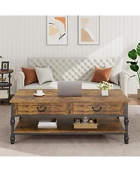 gaomon 41 Inch 2-Drawer Retro Style Wood Coffee Table, Multi-Functional Storage Center Table for Living Room