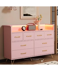 gaomon 8-Drawer Modern Led Light & Charging Station, Wooden Chest, Open Shelf Dresser