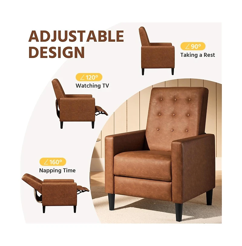 Yaheetech Mid-Century Tufted Upholstered Faux Leather Recliner Sofa with Adjustable Back & Footres Brown