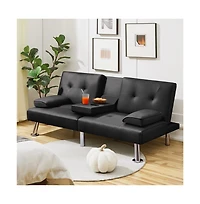 Yaheetech Faux Leather Convertible Futon Sofa Bed with 2 Throw Pillows