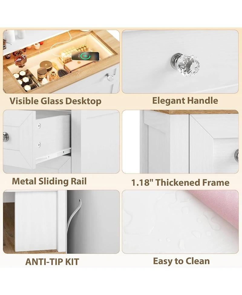 gaomon 4-Drawer Charge Station, Led Strip, Crystal Knobs, Modern Vanity Cabinet Dresser with Mirror