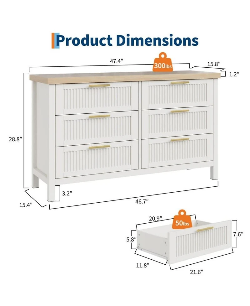 gaomon 6-Drawer Modern Fluted Dresser Bedroom Chest, Fluted Drawers with Metal Handle, Large Storage Cabinet