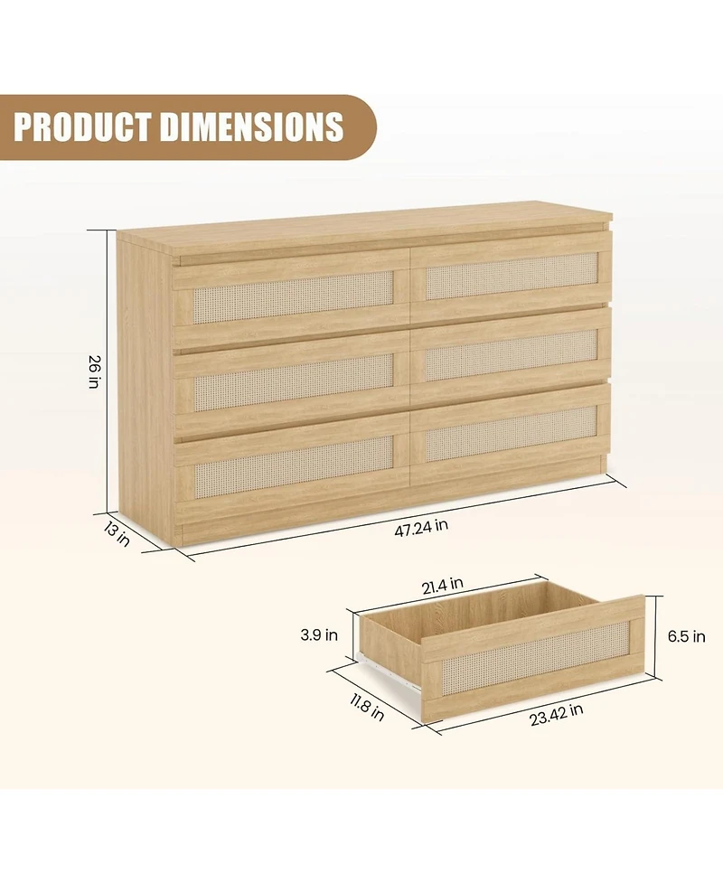 gaomon 6 Drawer Natural Wood Multi-Purpose Rattan Fronts, Smooth Operation, Tv Stand - Dresser