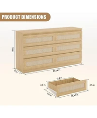 gaomon 6 Drawer Natural Wood Multi-Purpose Rattan Fronts, Smooth Operation, Tv Stand - Dresser