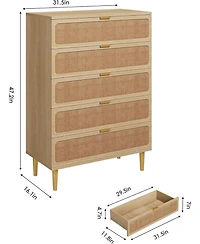 gaomon 5 Drawer Rattan Chest of Drawers with Deep Drawers, Modern Storage Cabinet Dresser