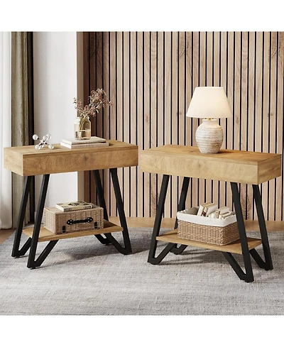 Tribesigns End Side Table Set of 2, Narrow Couch Arm Side Table with Storage Shelves, Small Bedside Nightstand