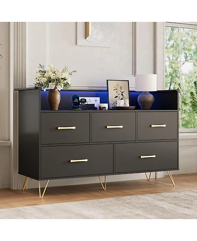 gaomon Dresser for Bedroom with 5 Drawers Led Lights, 47inch Wide Chest of Drawers with Charging Station, Freestanding Storage Organizer, Black