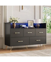 gaomon Dresser for Bedroom with 5 Drawers Led Lights, 47inch Wide Chest of Drawers with Charging Station, Freestanding Storage Organizer, Black