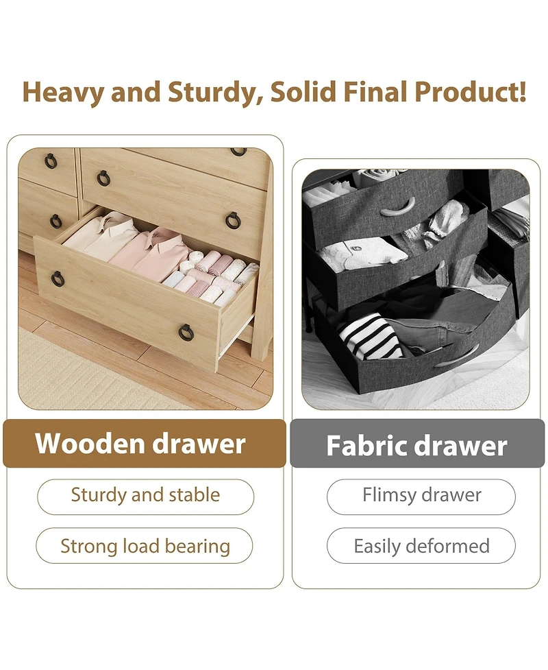 gaomon 6-Drawer Modern Wood Dresser with Golden Ring Pull Handles, Wide Storage Cabinet for Living Room, Entryway, Oak Finish