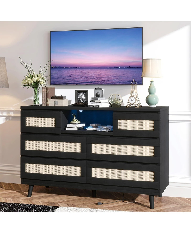 gaomon 6-Drawer Modern Rattan Dresser for Bedroom, Led Dresser with Charging Station, Tv Stand, Closet, Living Room, Hallway