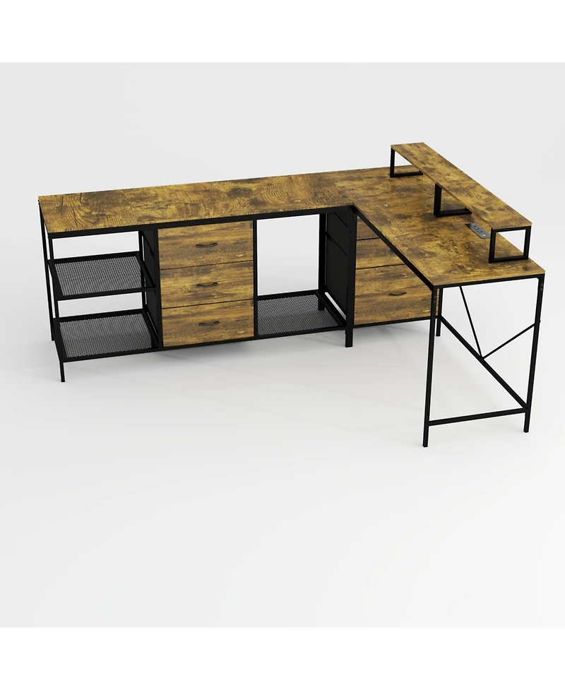 Streamdale Furniture 114" L-Shaped Desk with Power/Usb-c 6 Drawers 3 Shelves Monitor Stands Rustic Brown
