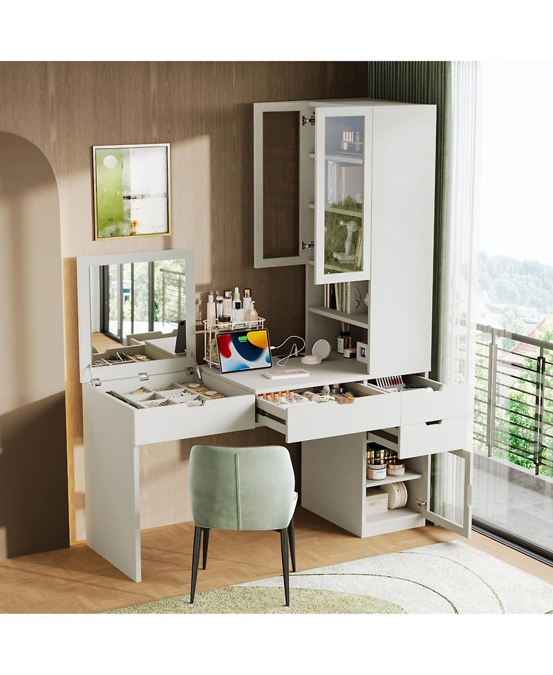 Streamdale Vanity Desk with Mirror, Charging, Storage, Drawers & Shelves - White