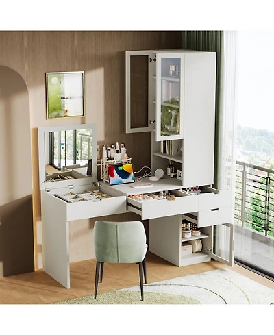 Streamdale Vanity Desk with Mirror, Charging, Storage, Drawers & Shelves - White