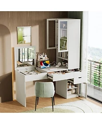 Streamdale Vanity Desk with Mirror, Charging, Storage, Drawers & Shelves - White