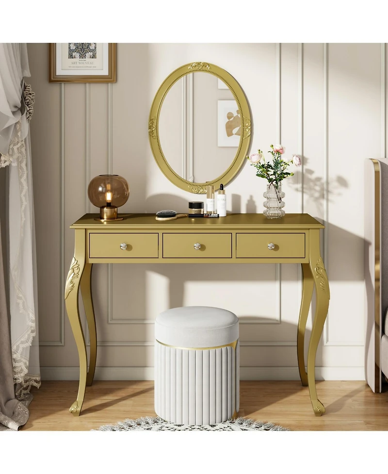 Streamdale Furniture Luxury Vanity Desk with Mirror & 3 Drawers - Gold