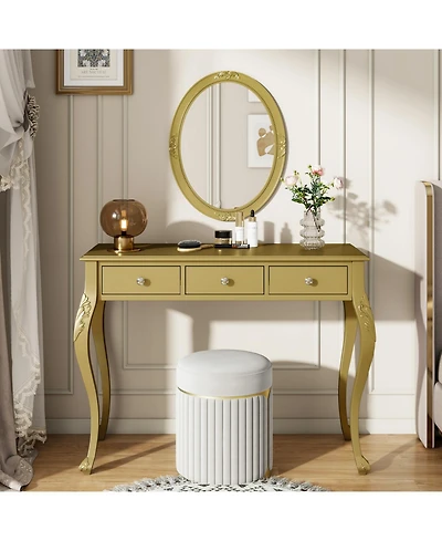 Streamdale Furniture Luxury Vanity Desk with Mirror & 3 Drawers - Gold