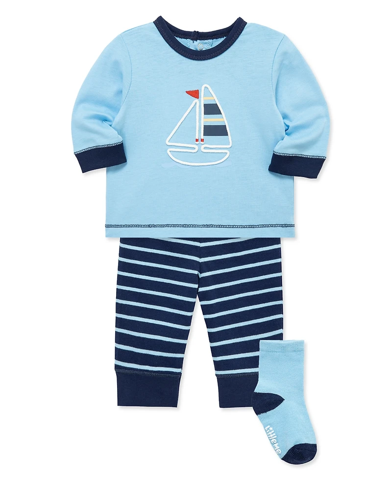 Little Me Baby Boys' Sailboat Printed Top, Joggers and Socks, 3-Piece Set