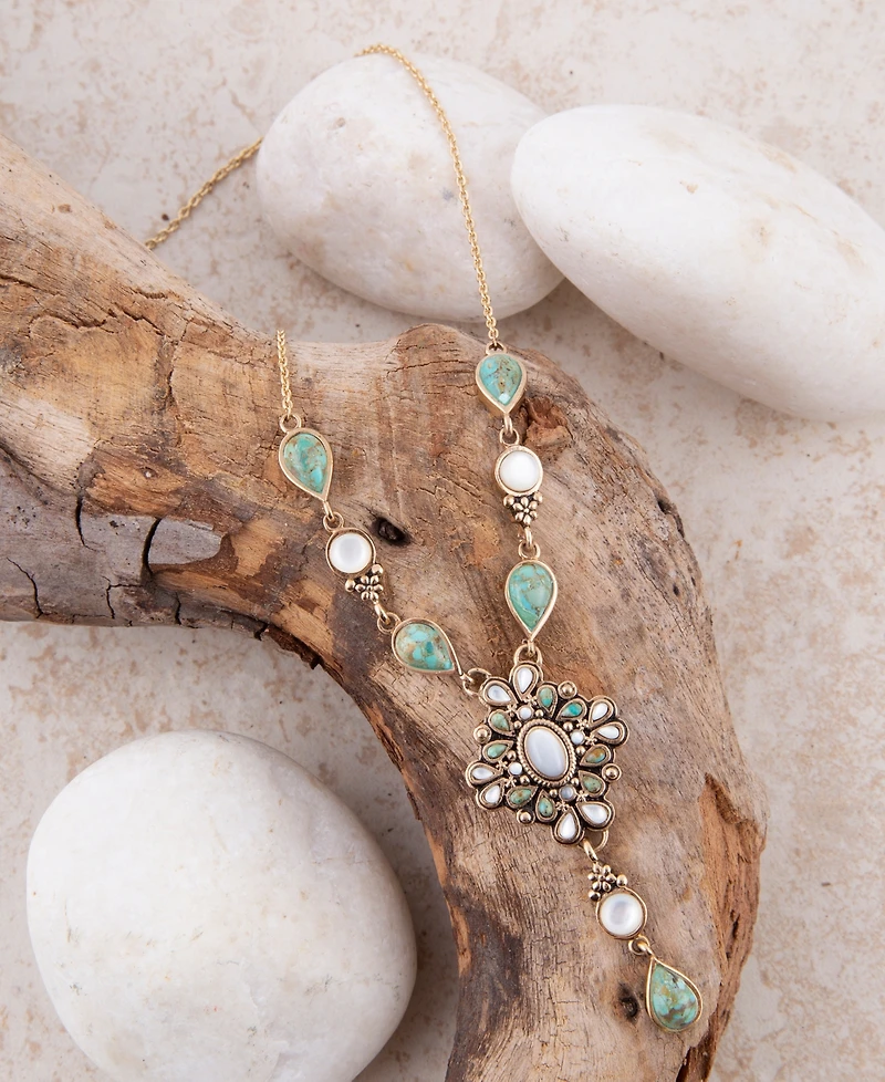 Barse White Mother of Pearl and Blue Turquoise Golden Barcelona Y-Necklace