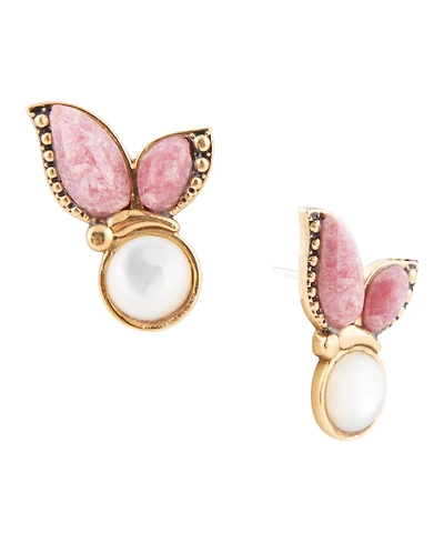 Barse Pink Rhodonite and White Mother of Pearl Golden Butterflies Post Earrings