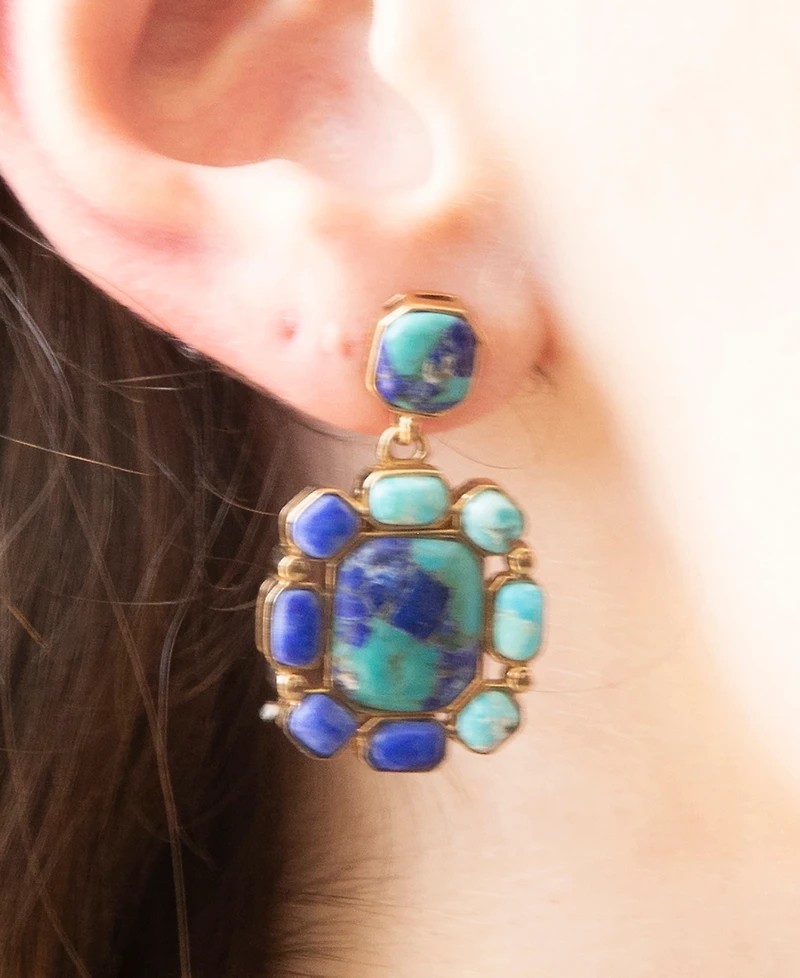 Barse Duality Blue Lapis and Turquoise Golden Drop Earrings
