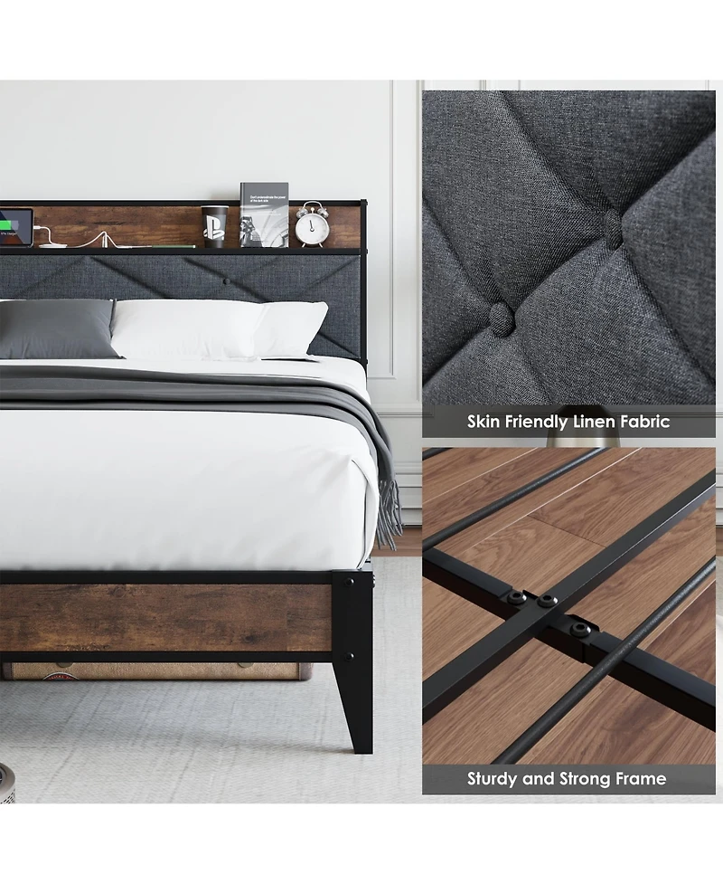 gaomon Mdf Platform Bed Frame 11” Storage Charging Port Upholstered Wingback Headboard Grey