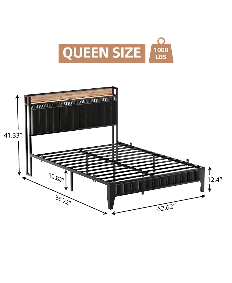 Queen Bed Frame with Led Light Charging Station Upholstered Storage Headboard Metal Slats Black
