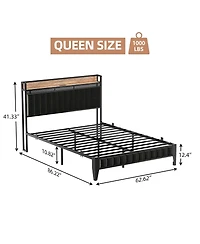 Queen Bed Frame with Led Light Charging Station Upholstered Storage Headboard Metal Slats Black