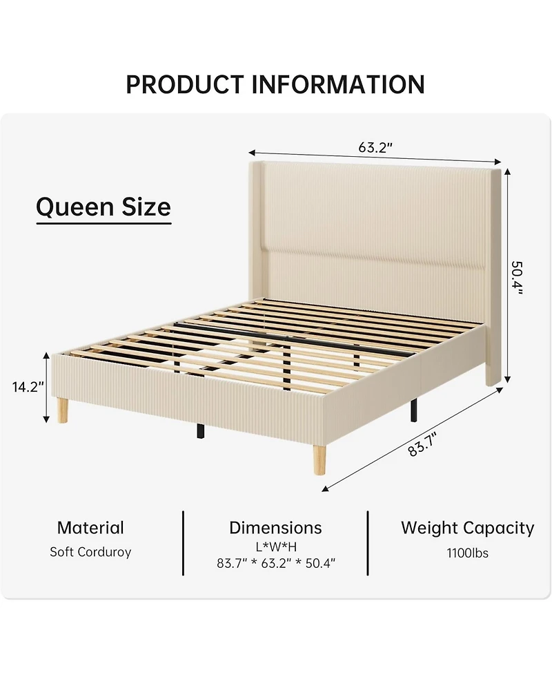 gaomon Queen Bed Frame, Upholstered Platform Corduroy Bed Frame with Vertical Channel Tufted Wingback Headboard