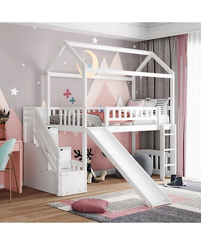 Streamdale Furniture Twin Loft Bed with Drawers and Slide, Gray