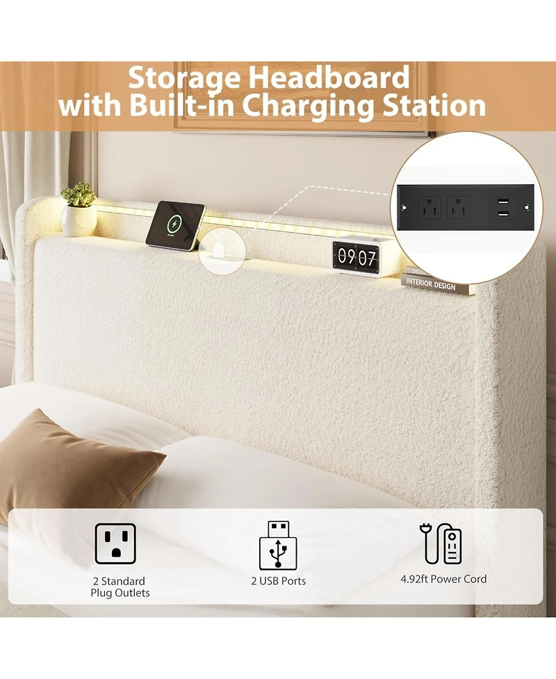 gaomon Full Size Boucle Bed Frame with Storage Headboard, Charging Station, Led Lights, 4 Drawers, No Box Spring Needed, Beige