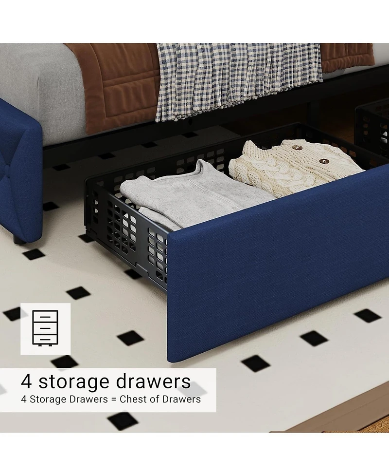 gaomon Full Size Bed Frame 4 Storage Drawers and Headboard Linen Upholstered Diamond Tufted Easy Assembly Noise-Free