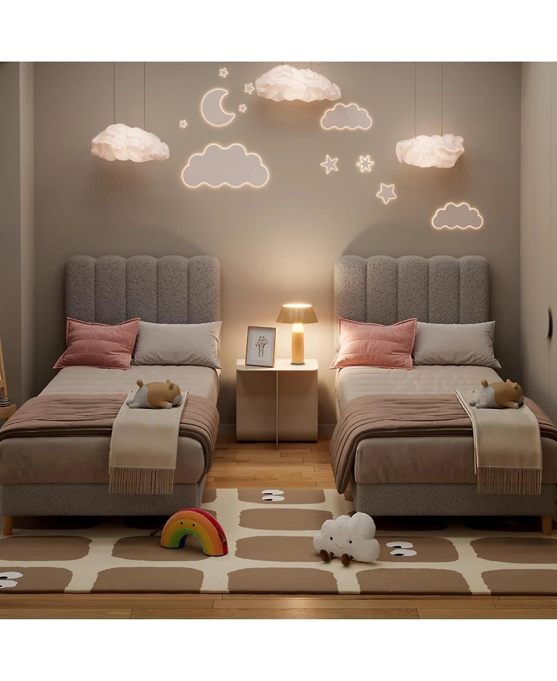 gaomon Twin Bed Frame Boucle Upholstered Wave Headboard Kids Girls Boys Wooden Slats No Box Spring Grey