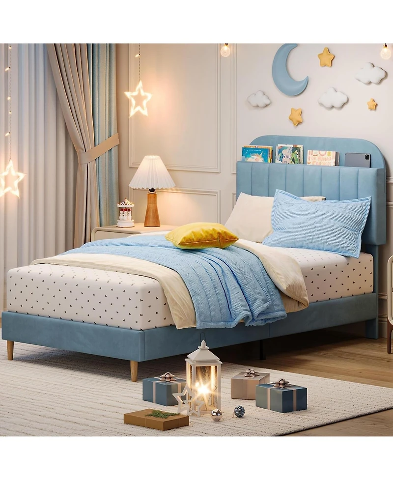 gaomon Twin Xl Bed Frame with Storage Headboard Velvet Upholstered Platform for Kids Boys Wooden Slats Noise Free