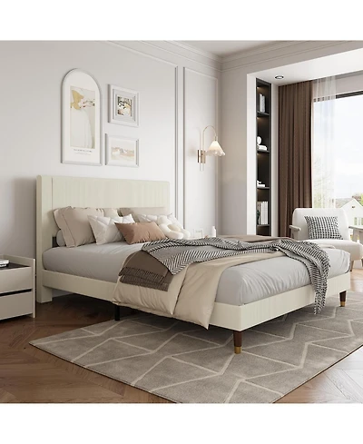 gaomon Full Size Upholstered Platform Bed Frame Modern Fabric Headboard Metal Frame Wooden Slats Double Support No Box Spring Beige