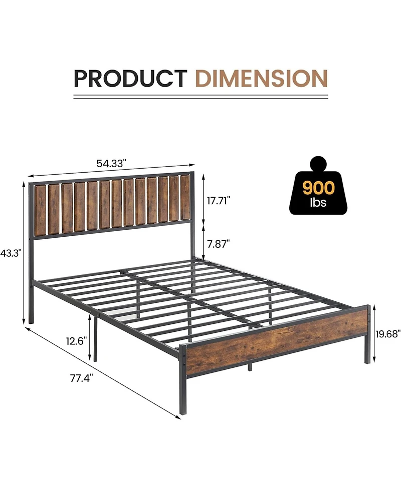 gaomon Platform Bed with Wooden Headboard and Footboard, 14-Bar Steel Support Frame, Strong Noise-Free Structure, No Box Spring Needed, Brown