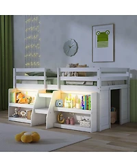 Gymax Twin Loft Bed w/ Led Lights Staircase & Safety Guardrail Under-bed Storage