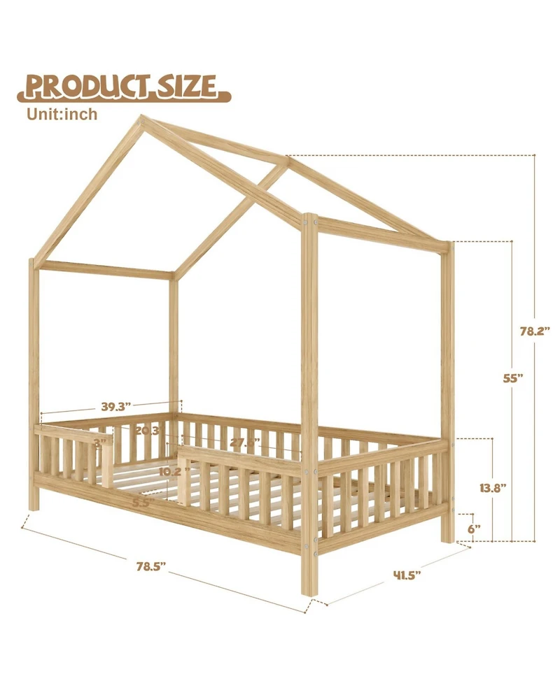 Streamdale Furniture Montessori Floor Bed with Canopy, Twin Frame for Kids