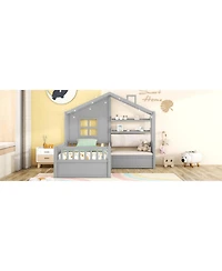 Streamdale Furniture Twin Pinewood House Bed with Linen Sofa, Drawers and Storage Shelf