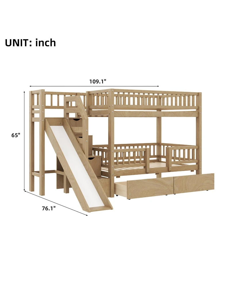 Streamdale Furniture Twin over Bunk Bed w/ Storage Stairs, Slide, 2 Drawers, Walnut