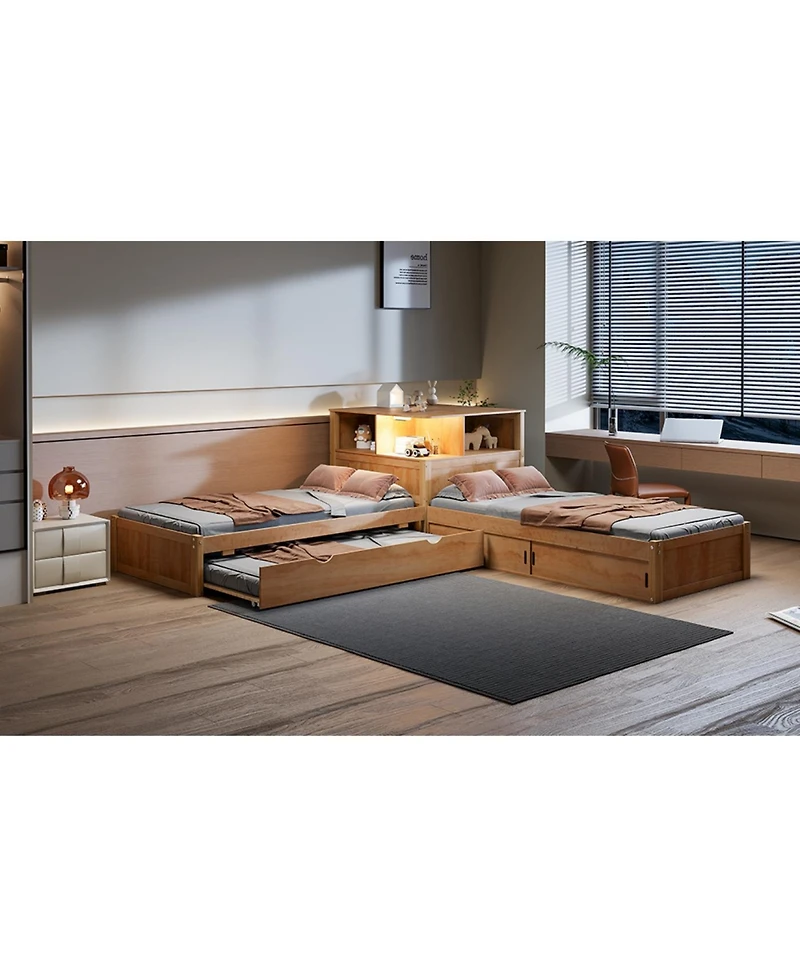 Streamdale Twin L-Shaped Platform Bed with Storage, Desk, Trundle & Led
